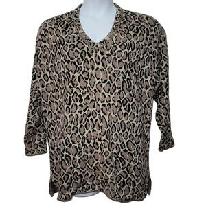Joan Vass USA Leopard Print V Neck Sweater 3/4 Sleeve Womens 2X Old Money Office